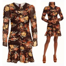 Veronica Beard Hedera Brown Floral Ruched Long Sleeve Silk Mini Dress Sz 6 NEW