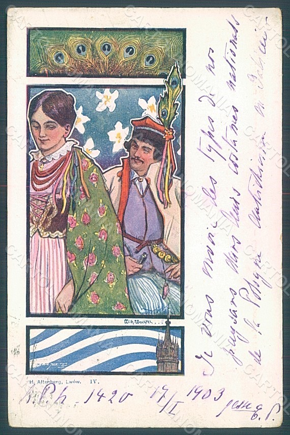 Cartolina artistica firmata Wacht Lady Art Nouveau folklore polacco HR2049