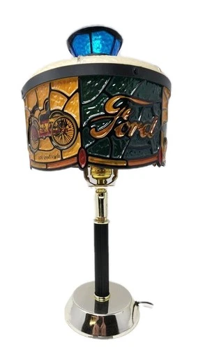 1970s Working Vintage FORD Dealer Desk Lamp Tiffany Style Faux Stained Glass