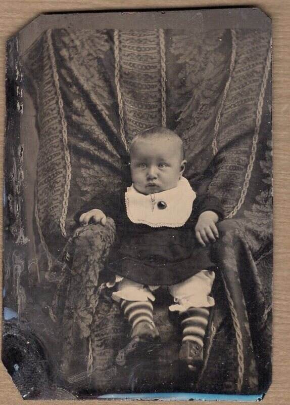 Antique 1/6th Tintype Photo  Adorable Child Baby w Pantaloons & Striped Leggings