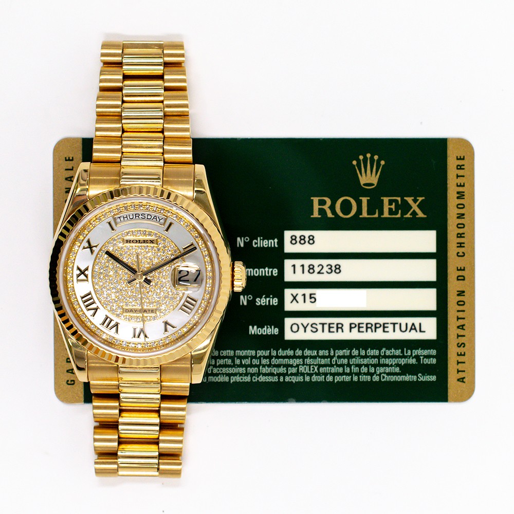 2013 Rolex Day-Date 36, 118238, Yellow Gold, Pave Diamond Roman Dial, Preside...