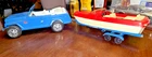 Tonka Jeep Jeepster w/ Plastic Boat & Trailer Blue Vintage Pressed Steel ~27" L