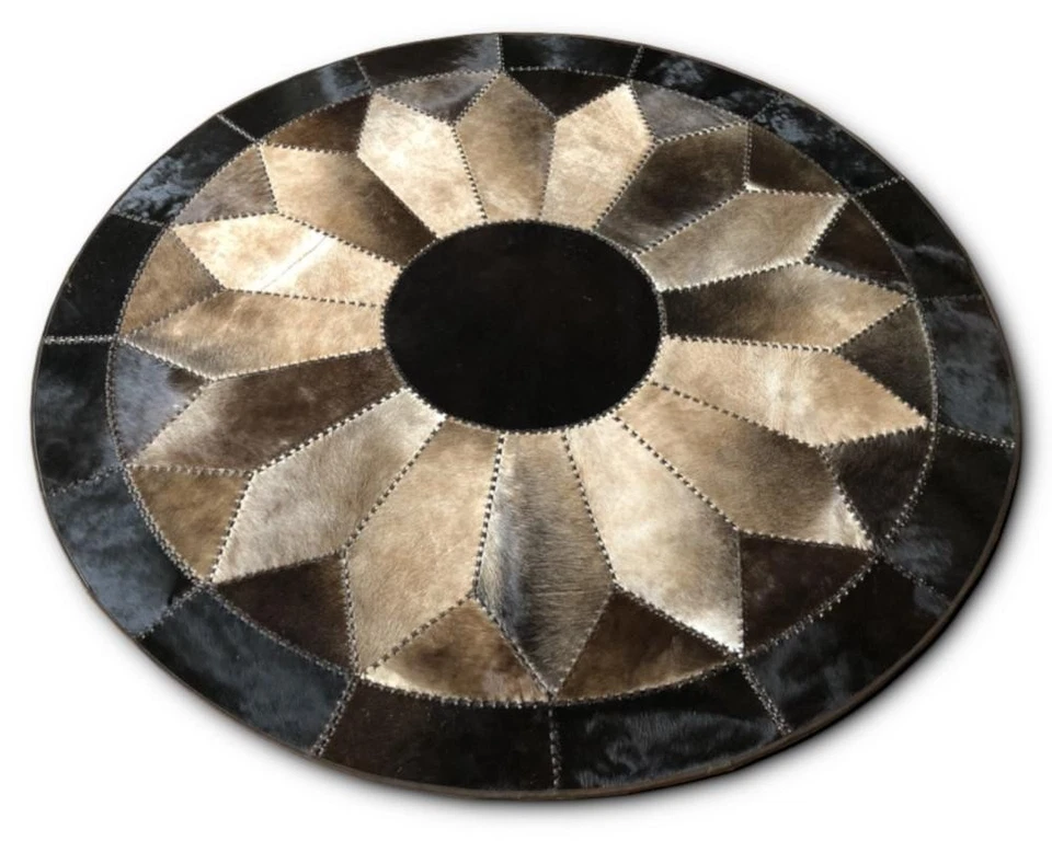 Round Cowhide Patchwork Rug: Black, Brown & Beige Hair-On-Hide, Rustic Decor Rug - Image 2 of 4