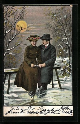 Pair of Skates, Sitting on a Bench, Postcard 1903 