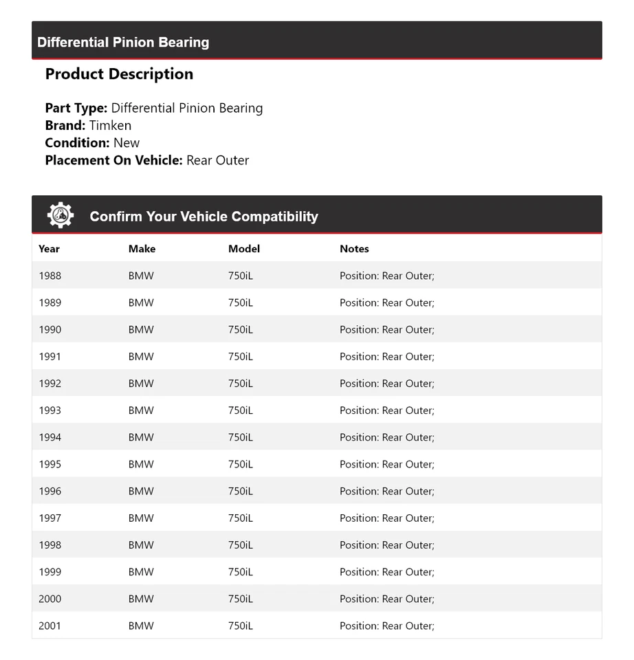 Cojinete de piñón diferencial trasero exterior Timken 1989 1990 para BMW 750iL 1988-2001 Foto 2 de 4