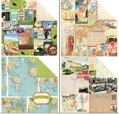 BoBunny Souvenir 1x Scrapbooking Papier 12x12'' Urlaub Weltkarte Oldtimer 30,5 cm