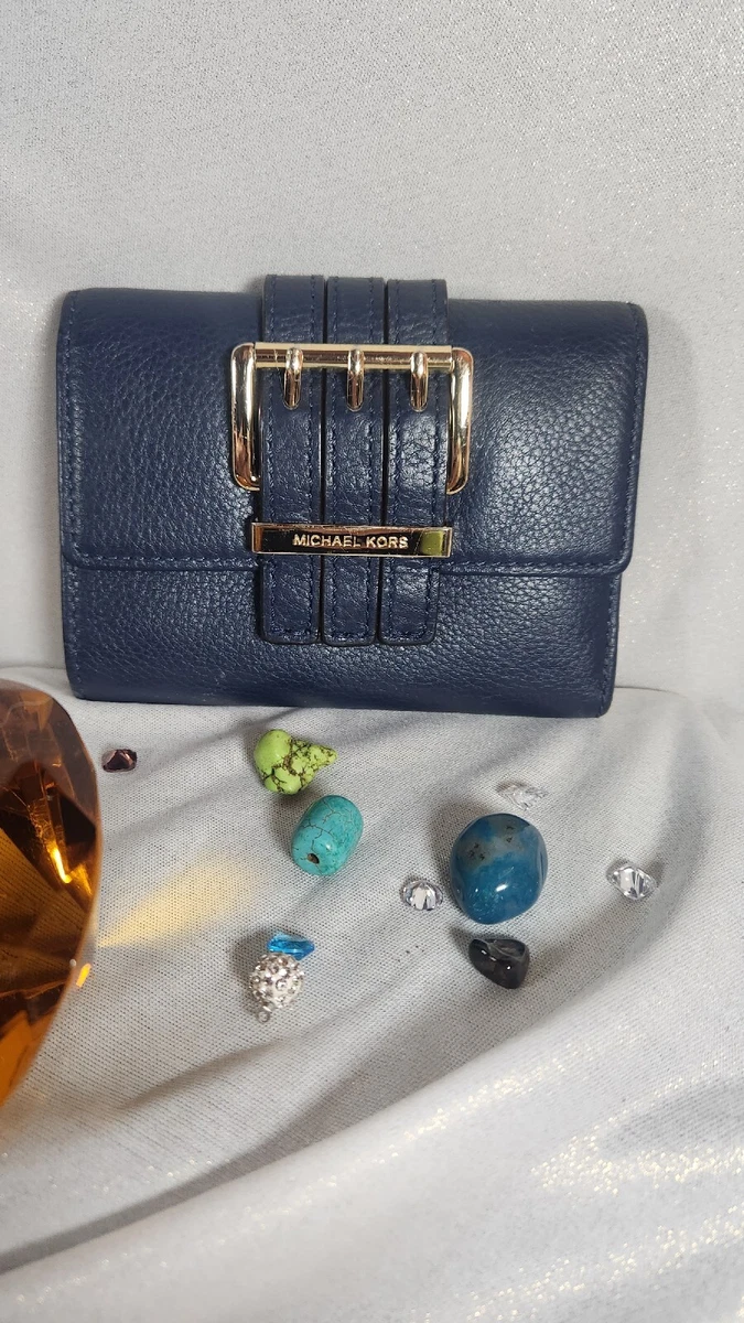 Michael Kors Navy Gold BUCKLE soft Leather Denim Gansevoort Tri fold Wallet Blue