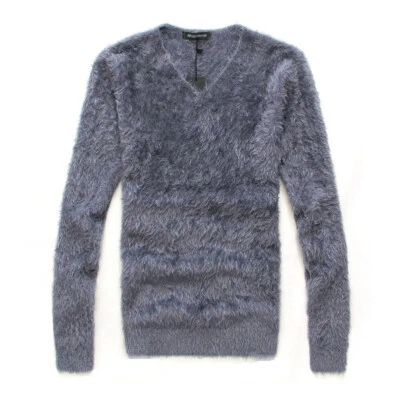 Hommes Faux Mohair Pull Haut Col V Moelleux Tricot Hiver Slim - Photo 1/4