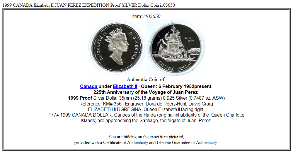 1999 CANADA Elizabeth II JUAN PEREZ EXPEDITION Proof SILVER Dollar