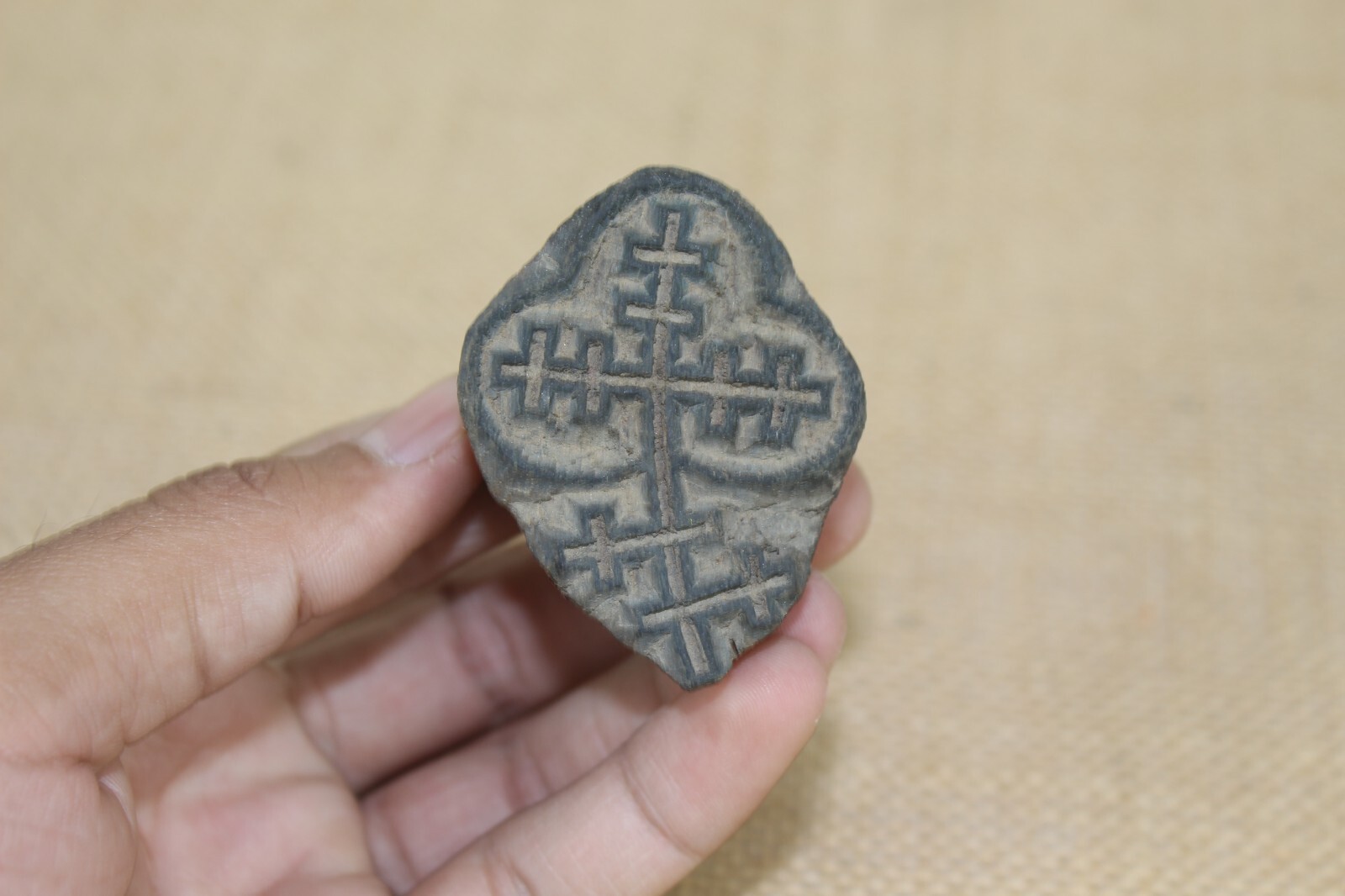 Hand-Carved Wooden Christian Cross Pendant Vintage Indian Folk Art Small Stamp