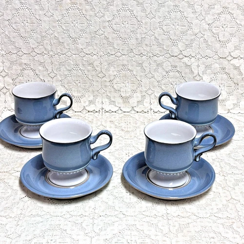Denby Langley Castile Blue Footed Cup and Saucer Sets Tan Band Vintage  4 Sets