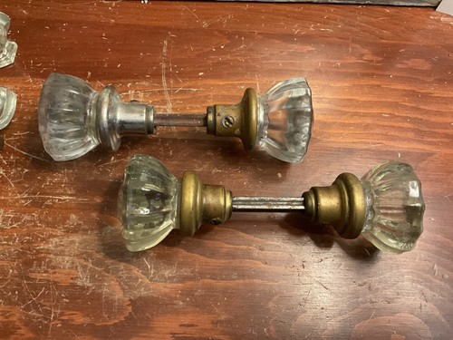 Vintage antikes Paar Türklinken aus Glas & Messing Set mit Spindel - Bild 6 von 8