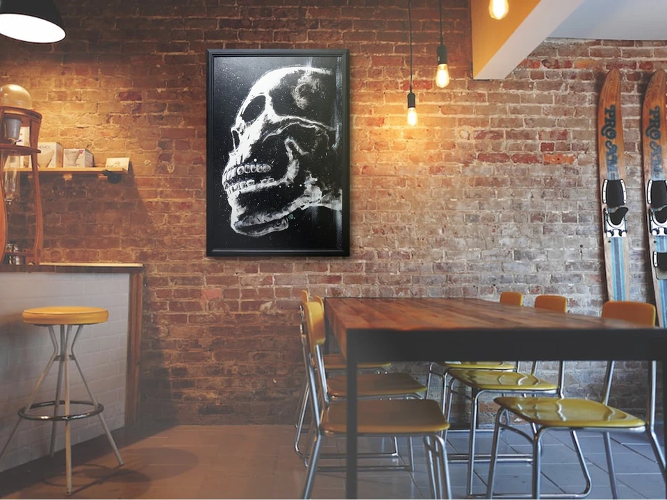 Pintura Calavera Vista Lateral - Arte Original - Enmarcado - Brilla Bajo Luz Negra - 24"x36" Foto 4 de 4