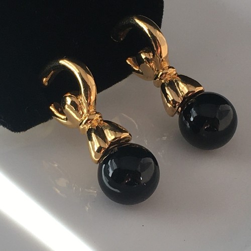 Vintage Bold Designer Gold Tone Hoop Black Ball Drop Dangle Pierced Earrings - Picture 4 of 7
