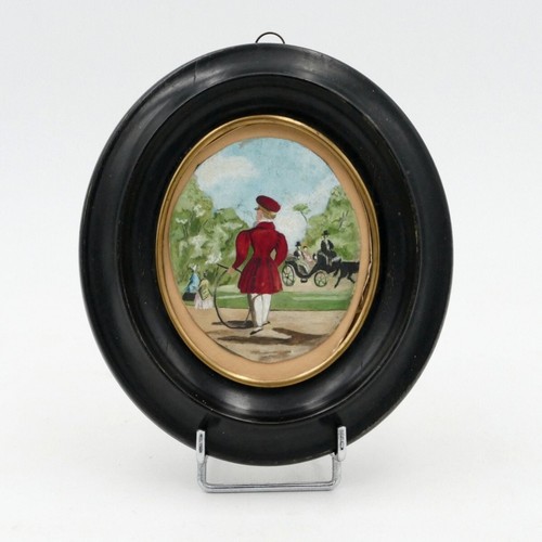 Antique French Miniature Oval Painting on Cardboard Little Boy with Hoop L19th C - Picture 2 of 5