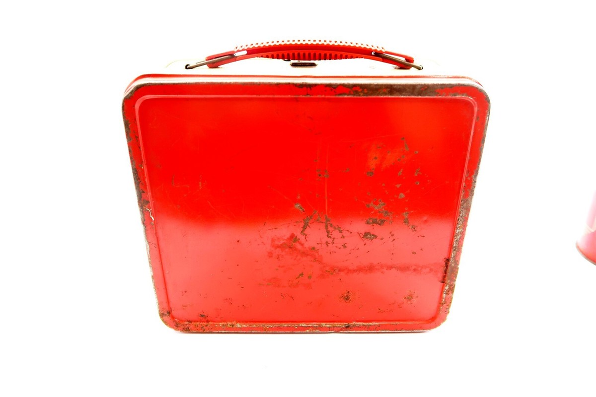 Vintage 1960's ALADDIN Red and Brown Metal Lunch Box with Thermos