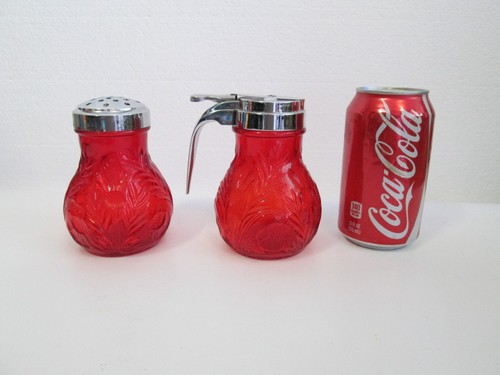 Set 2 Mosser Ruby Red Syrup & Shaker / Muffineer Inverted Thistle Sugar Cheese - Picture 4 of 6