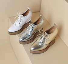 Womens 10CM Wedge Inside Leather Pointy Toe Carved High Heels Lace Up Shoes