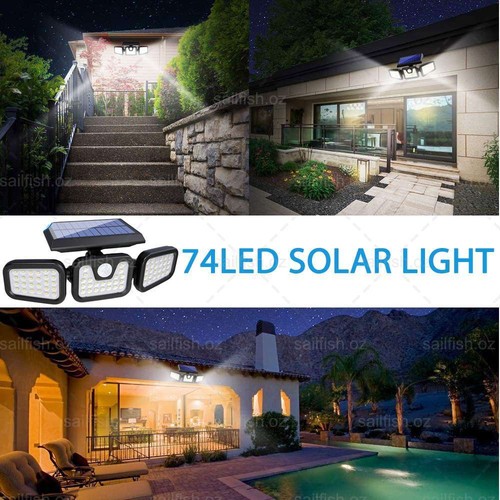 Solar Motion Sensor Light 3 Head Security Flood Lamp 74LEDs Outdoor Garden Wall - Picture 11 of 13