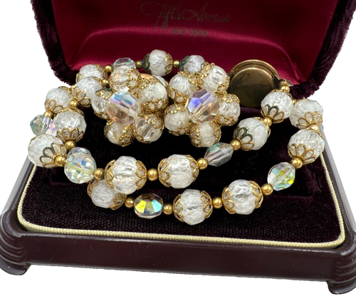 SET CLUSTER EARRINGS 2 STRANDS BRACELET CRACKLE GLASS BEADS AURORA BOREALIS CRST - Picture 4 of 10