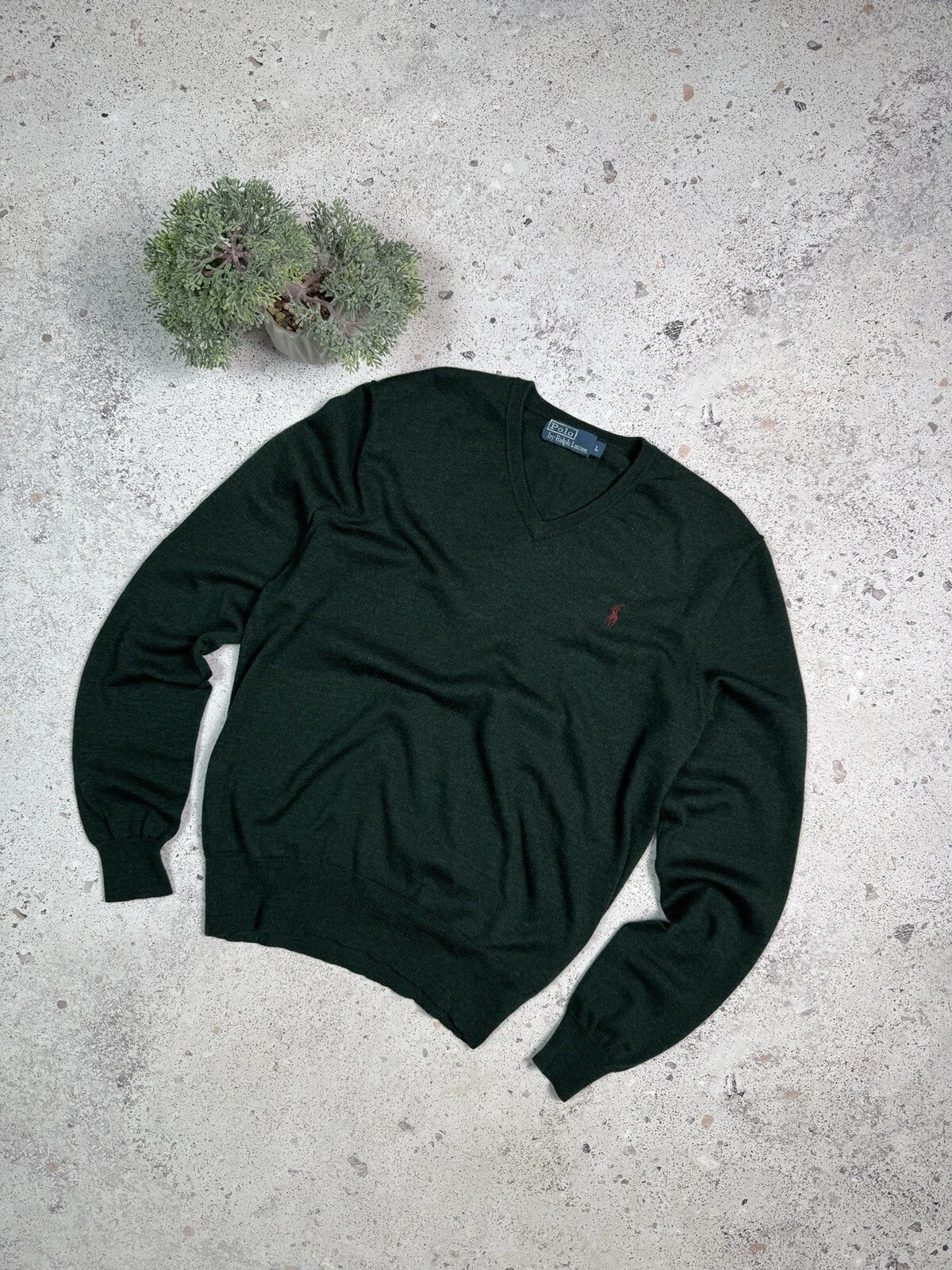 Vintage Polo Ralph Lauren V-Neck Wool Sweater Size L Green Men
