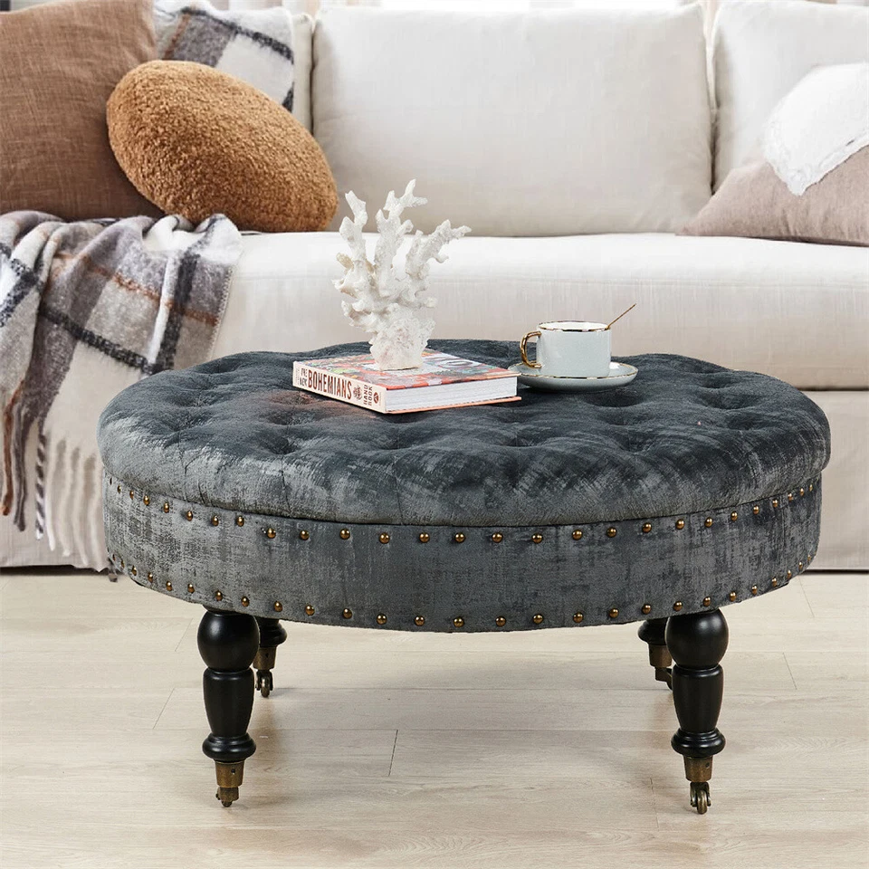 Large Upholstered Tufted Button Velvet Round Ottoman Coffee Table Caster Wheels - Image 3 of 4