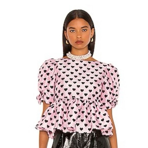 LoveShackFancy Keily Top Pink Black Heart Print Peplum Puff Sleeve Blouse Sz 4