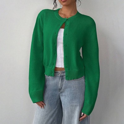 Women's Solid Color Button-Up Cardigan - Ribbed Detail Long Sleeve Knit Open