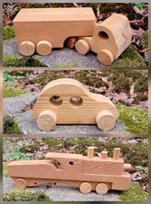 Vintage Handmade Wooden Toy Set Childrens Wood Car, Semi, Train Set For Toddlers