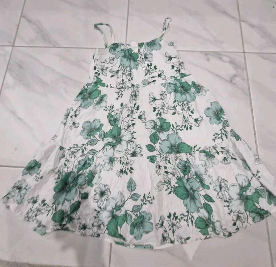 dotti White/Green Floral Babydoll Dress 8 Strappy Button Front Square Neck