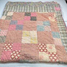 Vintage Handmade Patchwork Quilt Throw Blanket 62x77 Red Pink Blue Plaid 4 Patch