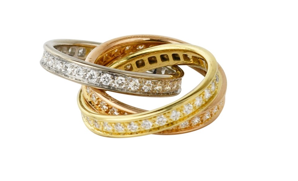 Off White Color Roses Cartier Trinity Pave Diamond Tri-Color 18k White Yellow & Rose Gold ...
