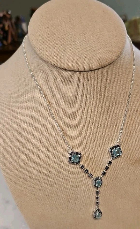 Colar Le vieux Swarovski azul cristal prata marcassita Lariat pendurado grande - Imagem 4 de 4