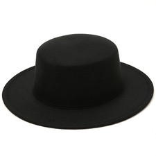 Classic Fashion Black Wide Brim Flat Top Fedora Panama Hat Felt Church Derby ...
