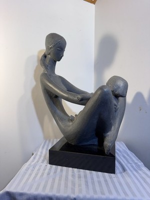 Modern Stone Sculpture Seated Woman Gray Textured Finish on Black Base