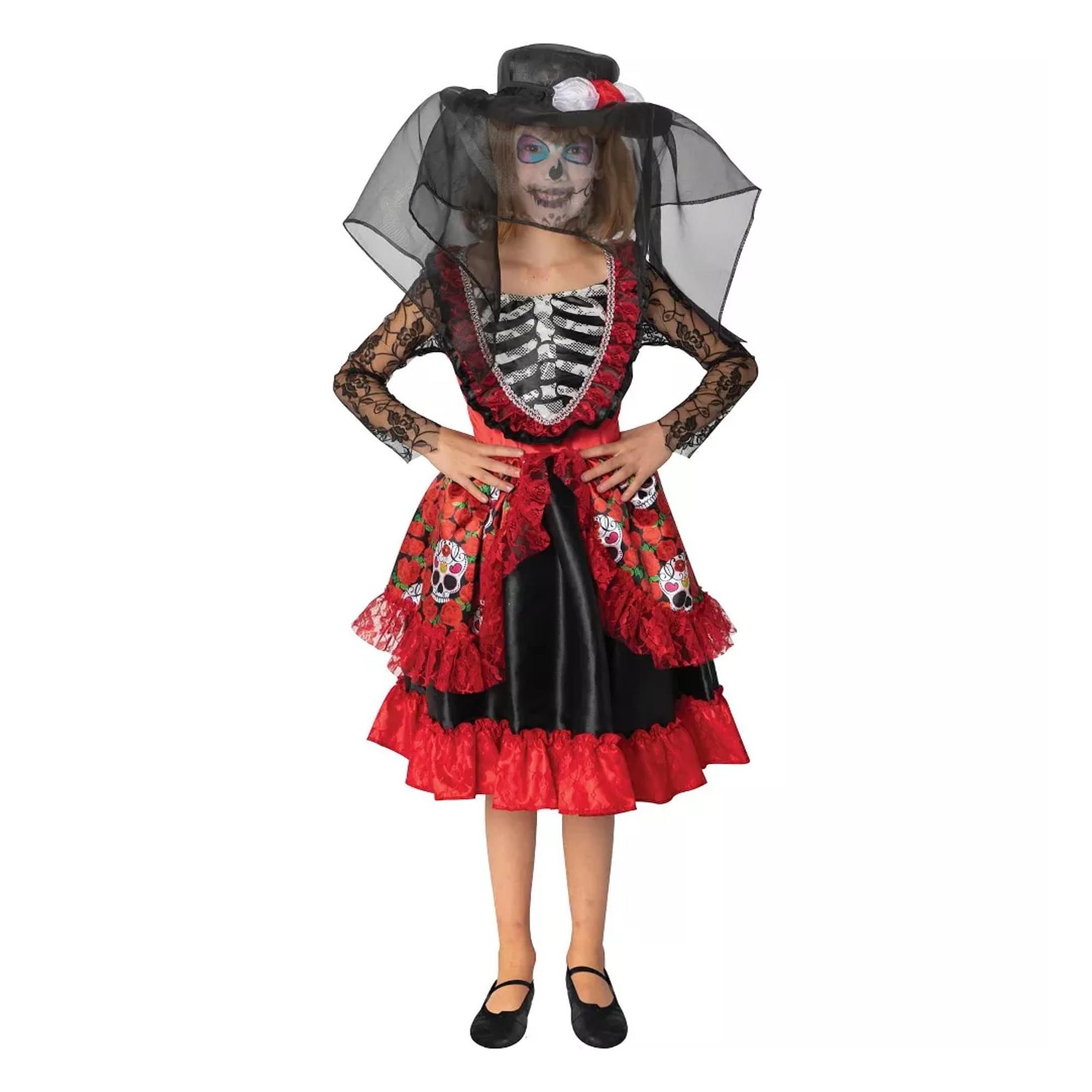 Disfraz Infantil Premium De Catrina Con Calavera Y Rosas