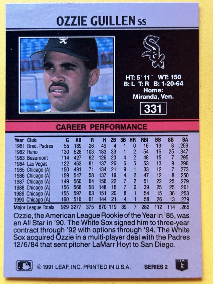 1991 Leaf - Ozzie Guillen #331 - Image 2 of 2