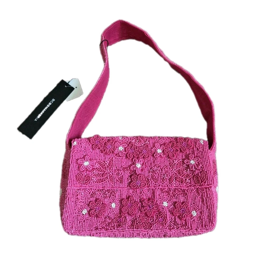 NUEVO CON ETIQUETAS BCBGMAXAZRIA Rosa Completamente Cuentas Cartera Floral Bolso de Hombro Foto 2 de 4