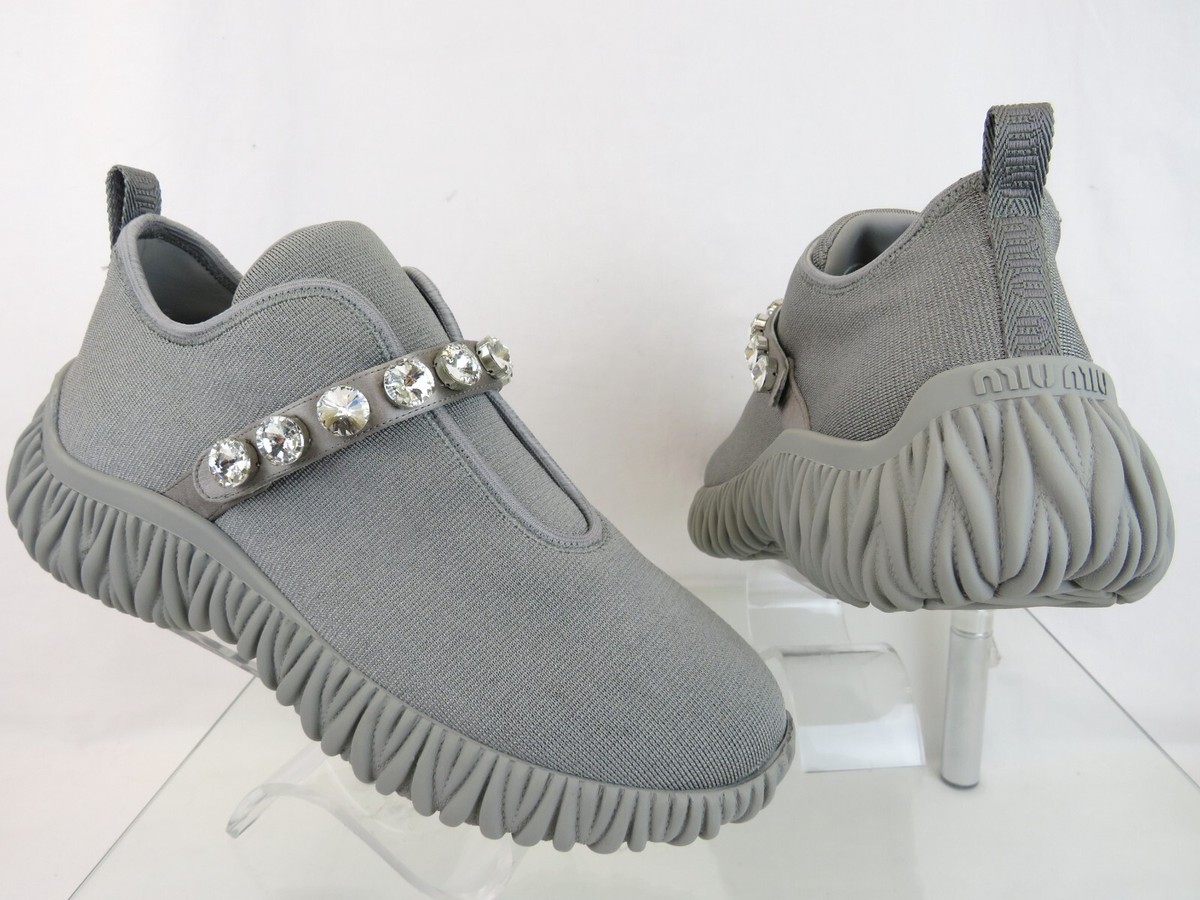 MIU MIU 5S376D GRAY KNIT CRYSTAL JEWELED LOGO ELASTIC SLIP