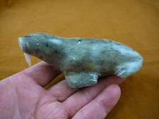 (ak-wal-31) large Walrus carving green Soapstone Alaska art signed J Ayek stone