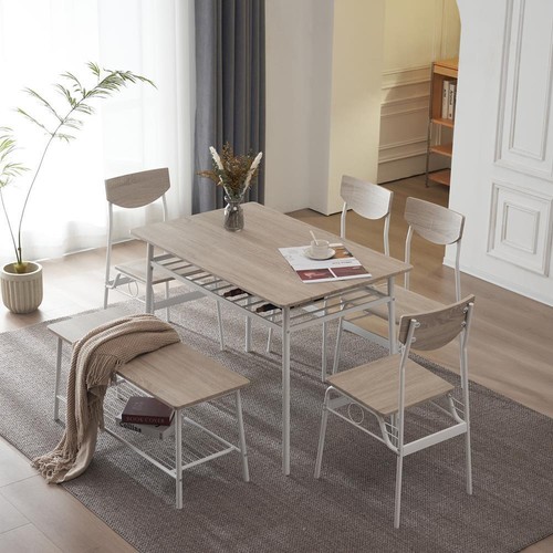 6 Piece Dining Set Kitchen Table with 4 Chair 1 Bench Storage Rack 3 Color