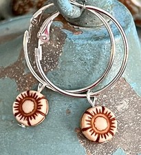 Silver Tone Hoop Earrings with Beige Flowers. Light Weight