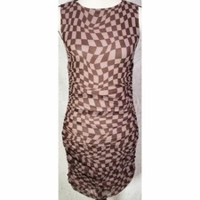 Urban Outfitters Mini Dress Small Brown Tan Grid Checkerboard Ruched Mesh