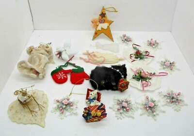 Christmas Ornament Lot Cats Frog Prince Snowflakes Beaded Angels Etc