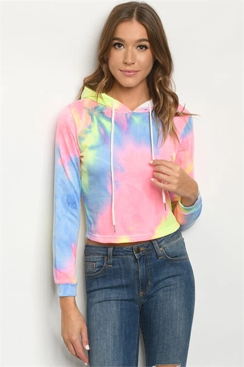 Pink and Blue Tie Dye Hoodie Sweater Size Small Cropped Sweatshirt