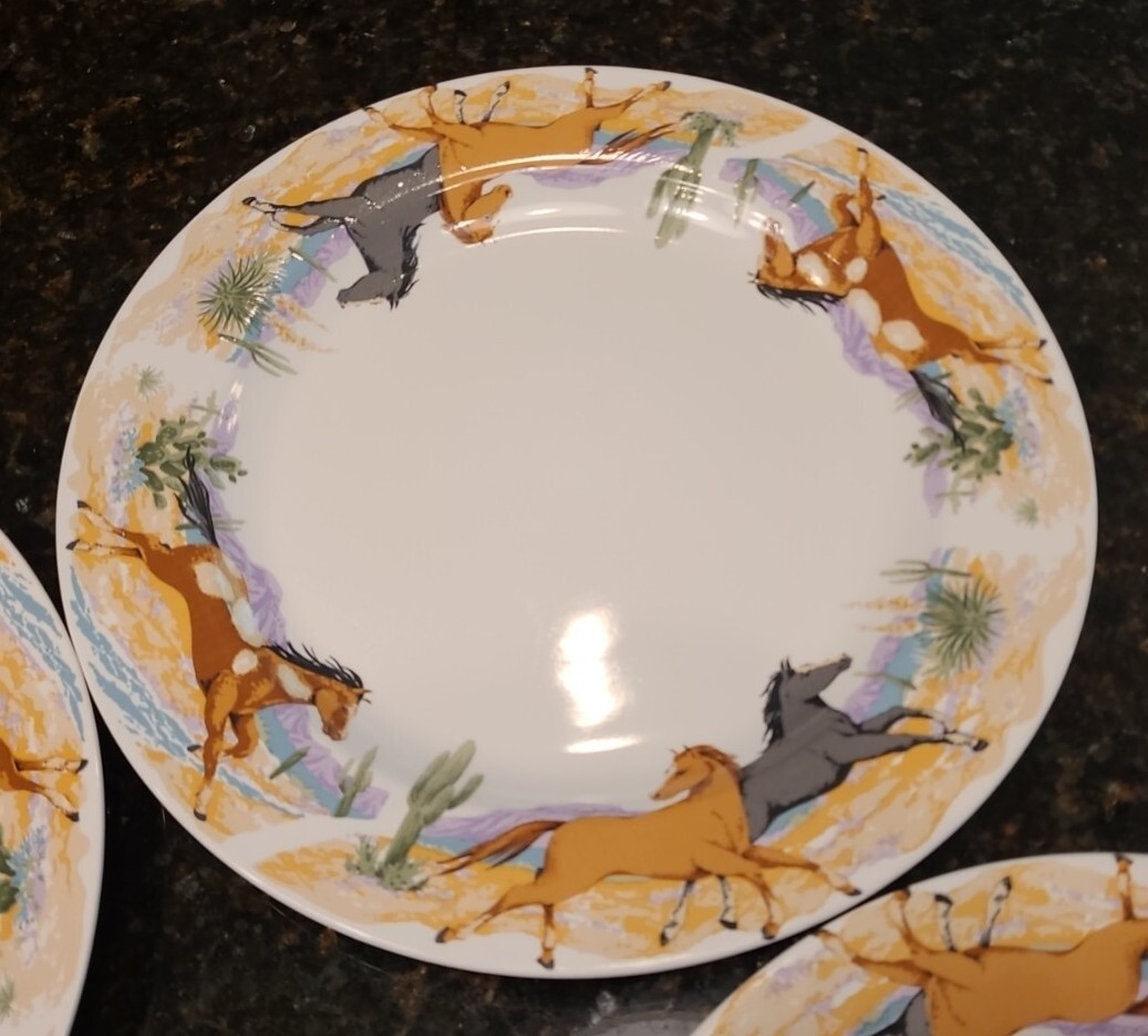 SET (4) Tienshan Stoneware RUNNING HORSES 10 7/8" Dinner Plates. Oven