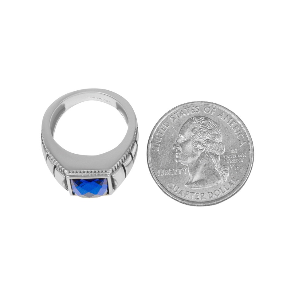 Mens Plain Real 925 Sterling Silver Hip Hop Blue Cubic Zirconia Crystal ...
