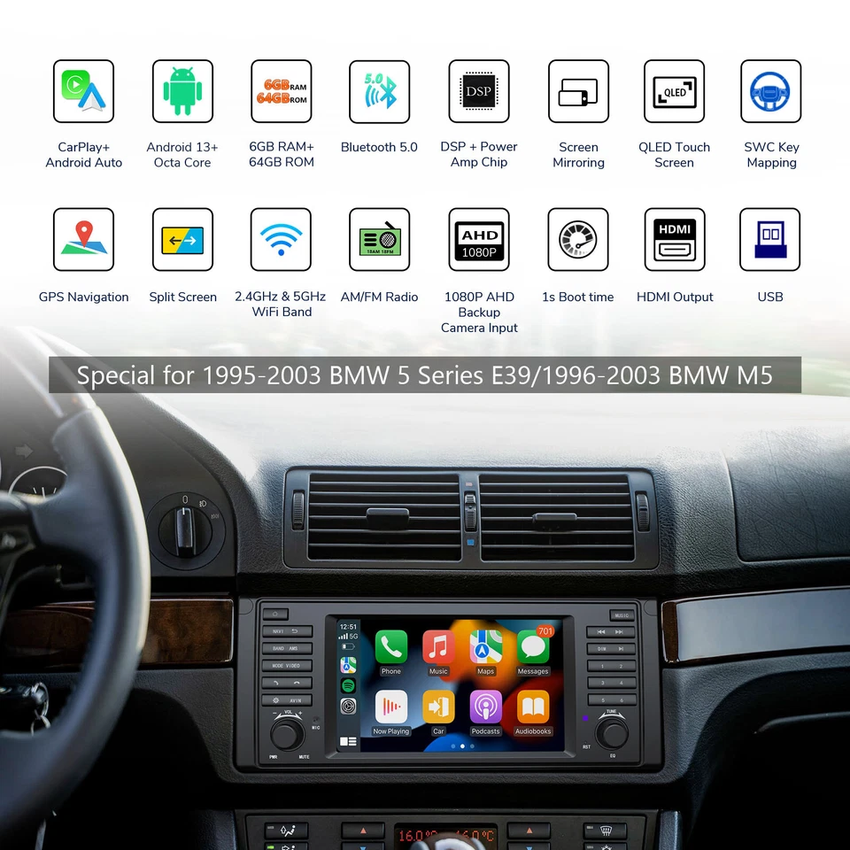 DAB+ Für BMW E39 M5 E39A12S 8-Kern 6+64G Android 13 Autoradio 7" GPS Navi 4G LTE - Bild 3 von 4