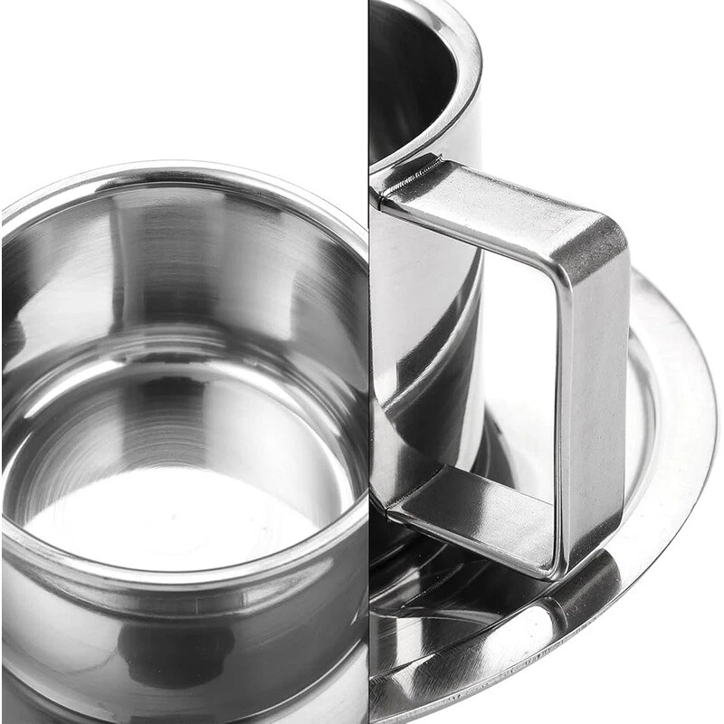 Paquete de 4 tazas de café espresso de doble pared de acero inoxidable con platillos y cucharas nuevas Foto 4 de 4