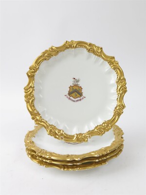 (4) Vintage T & V Limoges France White & Gold Gilt Border Plates 'Ne Cede Malis'